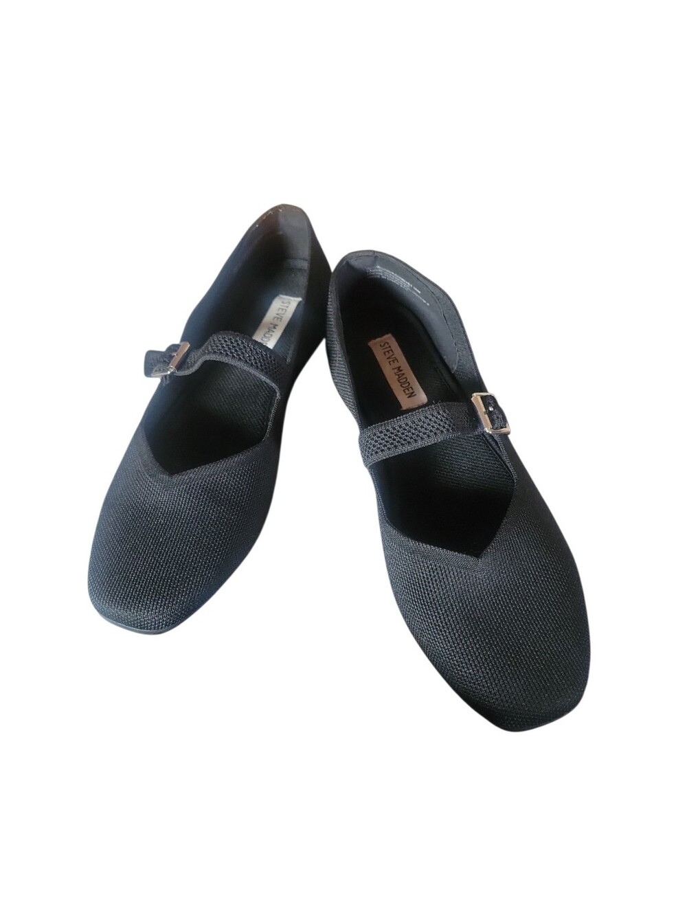 Steve Madden Black Knit Mary Jane Flats with Silver Buckle Mesh Upper Sz 10